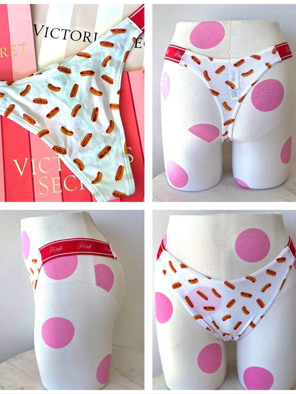 Victoria's Secret PINK Logo Cotton Hotdogs Thick Side Strap Thong Panty NWT